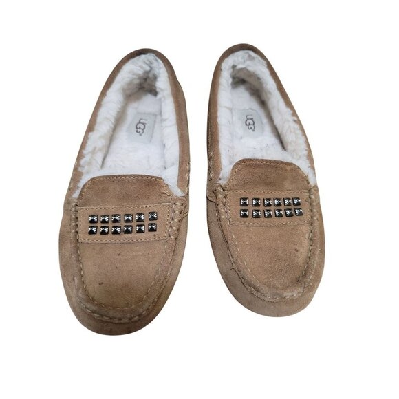 UGG Women's Brown Suede Studded Loafer Slippers With Shearling Lining Size 8 - Picture 1 of 10